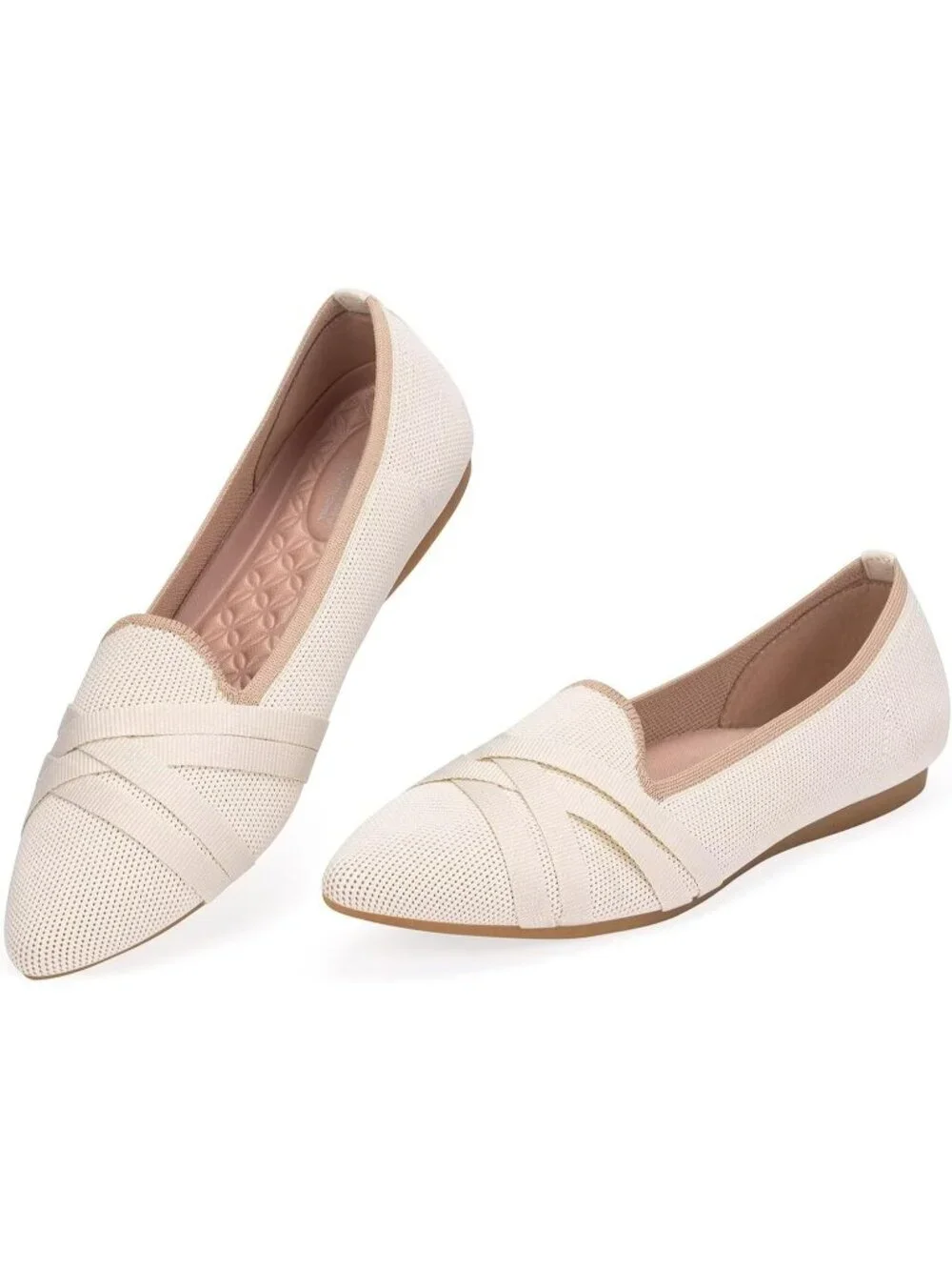 Women's Beige Comfortable Knit Casual Pointed Toe Ballet Flats with Bow Shoes